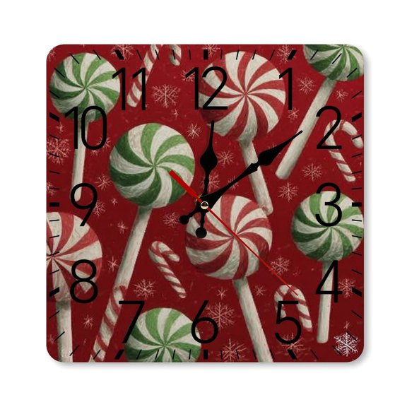 RKSupls 1010inch Square Silent Wall Clock Wooden Frame, Candy Canes Lollipops Red Scale Decorative Clock for Home Bedroom Living Room Office