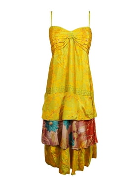 Mogul Women Yellow Sundress Vintage Layered Spaghetti Strap Boho Style Recycled Sari Printed Dresses SM