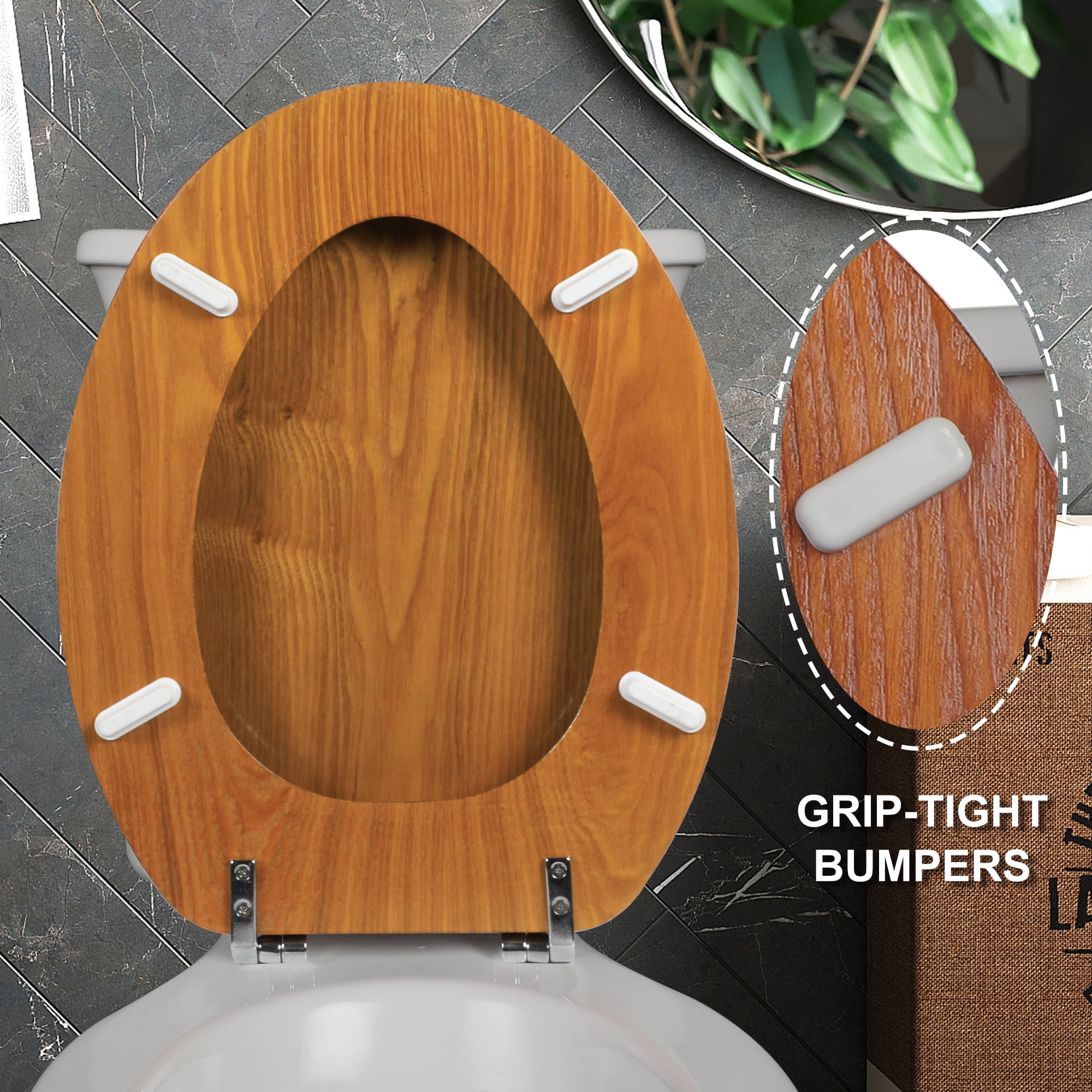 Angol Shiold Wood Elongated Toilet Seat, Easy Clean, Metal Hinges（Elongated 18.5'', Warm Brown）