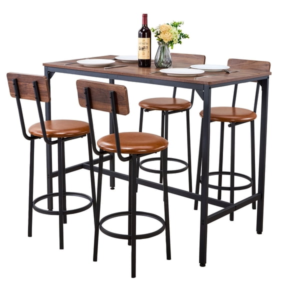 5-Piece Rectangular Pub Table Set with 4 Stools, Walnut Finish Bar Height Table and Chairs for Kitchen, Dining Room, Living Room, Black Accents