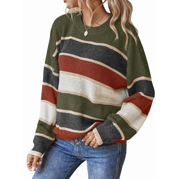 Striped Knit Sweater for Women Fall Winter Casual Trendy Crewneck Pullover Color Block Sweaters Y2k Tops Dark Green S