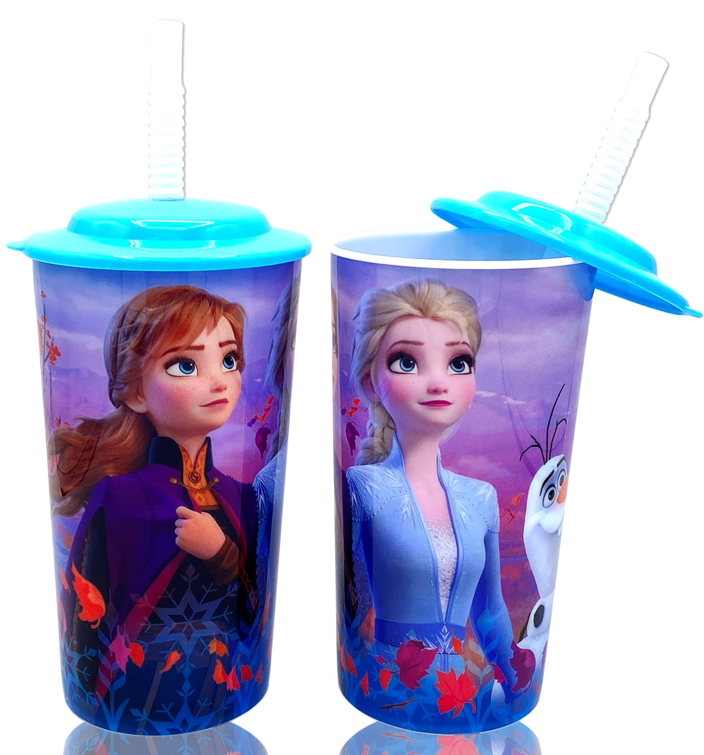 Disney Frozen Elsa & Anna Princess Water Tumblers with Lid, Reusable Straw Set, Pack of 2