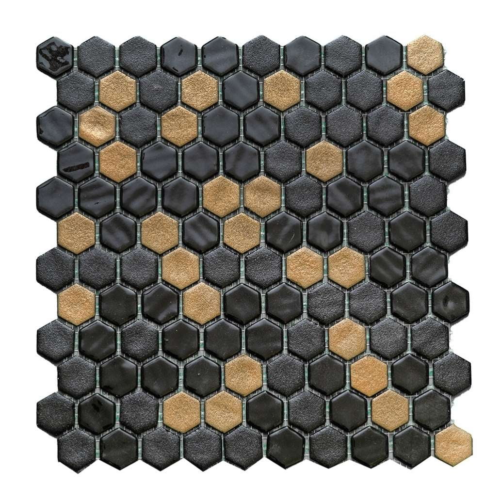 The Tile Life Eterna Hex 4" x 4" Hexagon Black & Gold Glass Mosaic Tile Sample 1 Piece