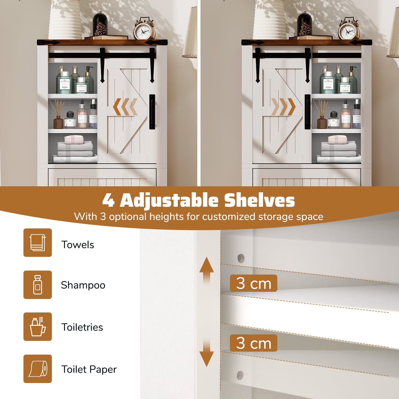 Gymax Farmhouse Bathroom Floor Cabinet w/Sliding Door Adjustable Shelves & 2 Drawers