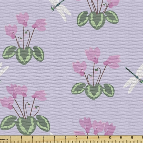 Floral Upholstery Fabric by the Yard, Image of Cyclamen Flowers with Green Leaves and Flying Dragonflies, Decorative Fabric for DIY and Home Accents, Pastel Purple and Multicolor by Ambesonne