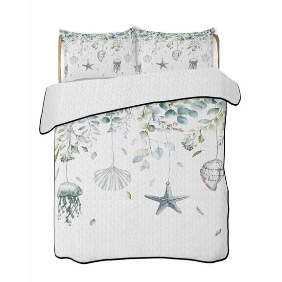 Quilts King Size Bedding Set, Green Coastal Lightweight Quilted Comforter, Summer Eucalyptus Leaves Beach Ocean Starfish Conch Soft Bedspread Coverlet with Pillow Covers for All Season, 96" x 106"