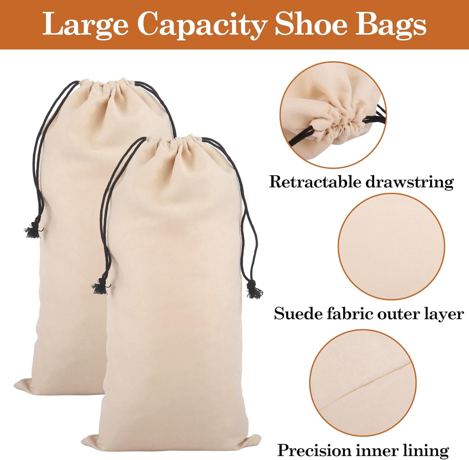 8 Pcs Single Shoe Bags for Travel, 9x18 Inch Suede Fabric Drawstring Shoe Storage Bags, Dust Bags for Packing in Suitcase, Luggage, Home Organization(Khaki)