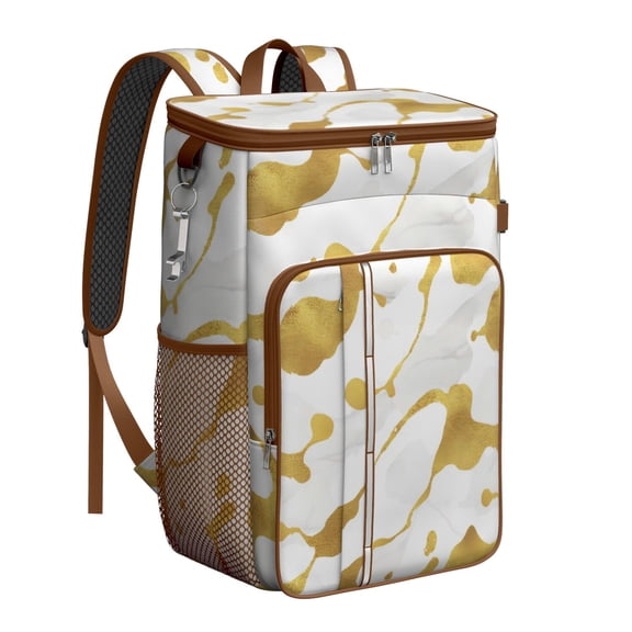 Travel Cooler Bag - Gold and White Marble Camping Beer Cooler Backpack with Bottle Opener- Waterproof Insulated Picnic Backpacks - Cooler Bag for Beach