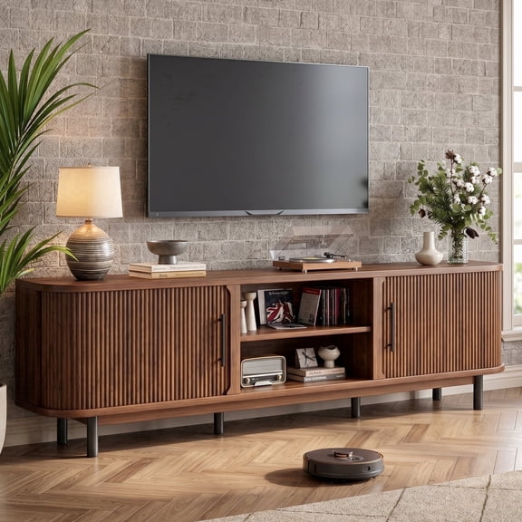 Seetech TV Stand for TVs up to 75 Inches, Modern Mid Century Entertainment Center with 2 Sliding Tambour Doors & Adjustable Shelves, Walnut