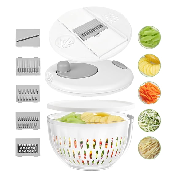M Buder Salad Spinner, Vegetable Fruit Washer Dryer and Chopper, Lettuce Spinner with 5 Blade Slicer Shredder, 4500ML Slalad Bowl , White