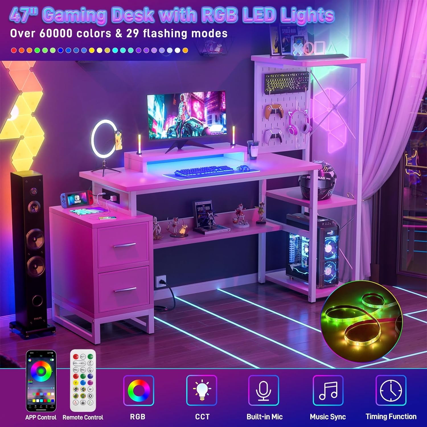Homieasy 53" Gaming Desk with 2 Fabric Drawers & LED Lights, Reversible Computer Gaming Desk with Power Outlets, Writing Desk with Monitor Stand for Home & Office, with Pegboard, Pink