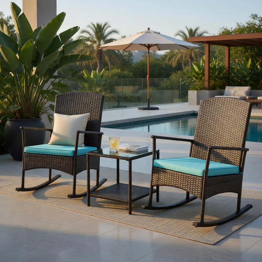 Hommoo 3-Piece Outdoor Patio Rocking Set, Wicker Rocking Chairs with 2-Tier Tempered Glass Coffee Table, Heavy-Duty Metal Frame, All-Weather PE Rattan, Turquoise