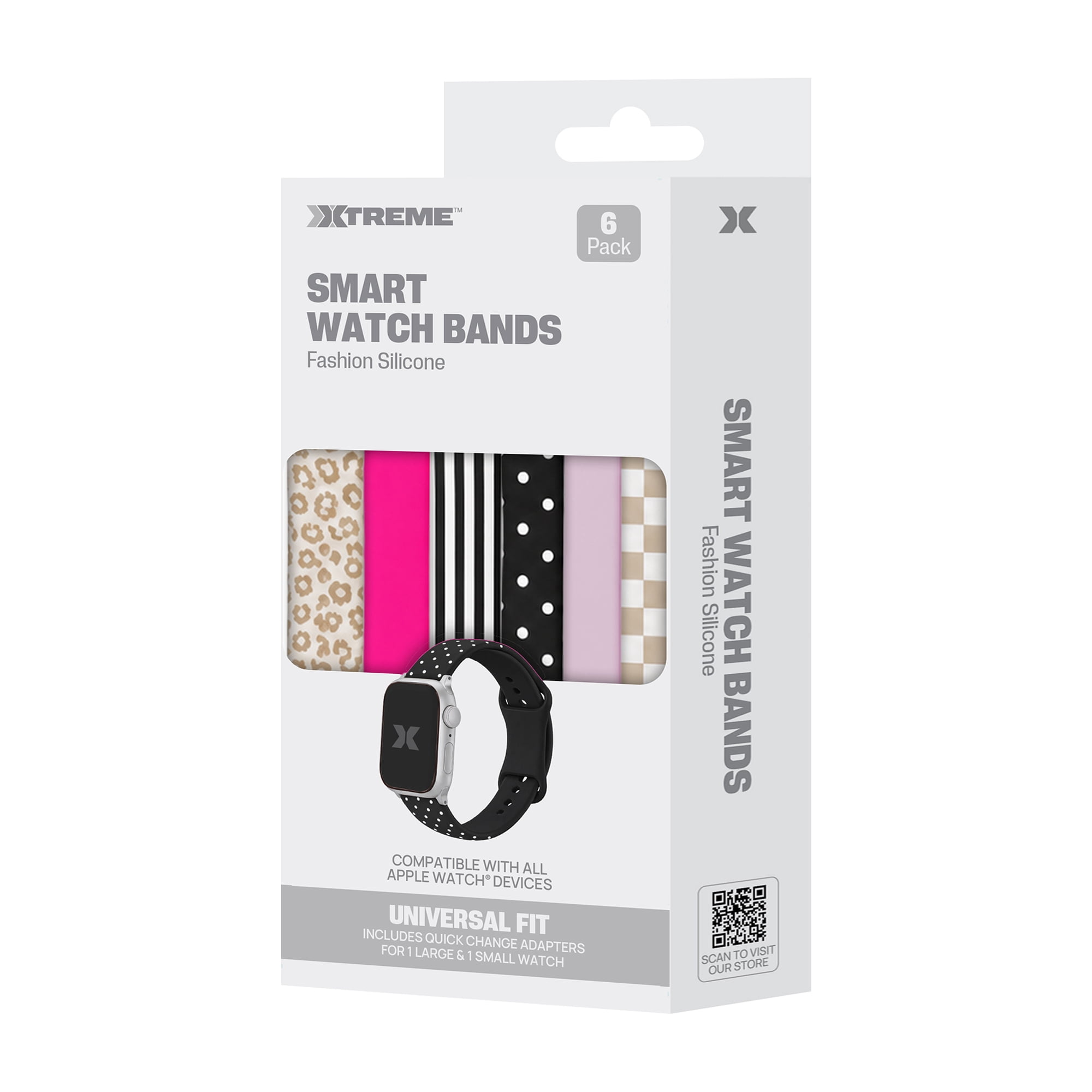 Xtreme 6-Pack Fashion Silicone Bands for Apple Watch Series 1-10 and Ultra 2, Waterproof Adjustable Smart Watch Bands, Assorted Colors and Prints