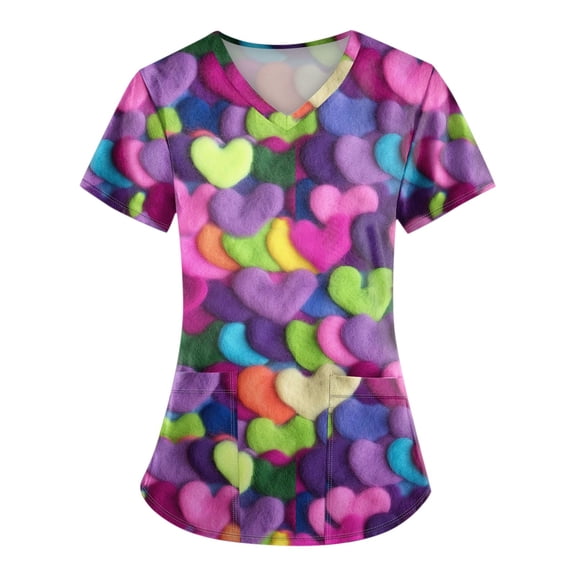 Scrub Tops Women Short Sleeve Plus Size Stretch V-Neck Fun Printed Scrubs Top Medical Nursing Uniforms with Pockets