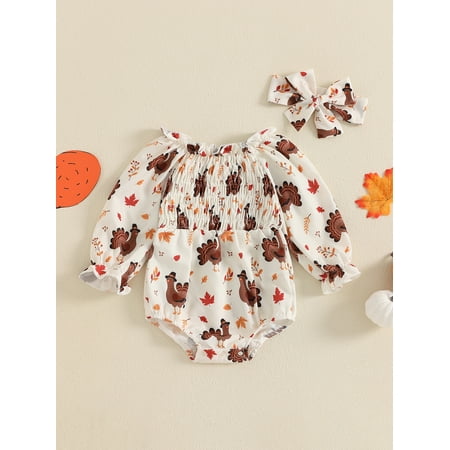 

Mama s sunshine Newborn Girl Outfit Long Sleeve Pleated Turkey Print Romper with Hairband Thanksgiving Clothes