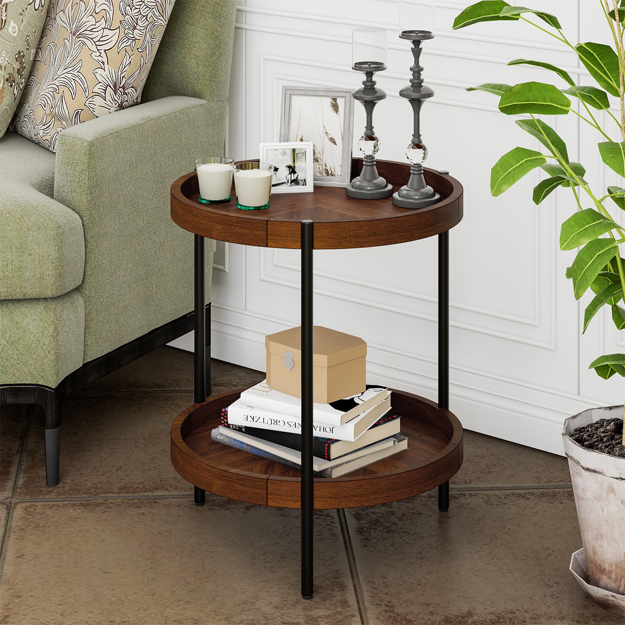 Costway 24 in. Natural Round Side Table Solid Rubber Wood End