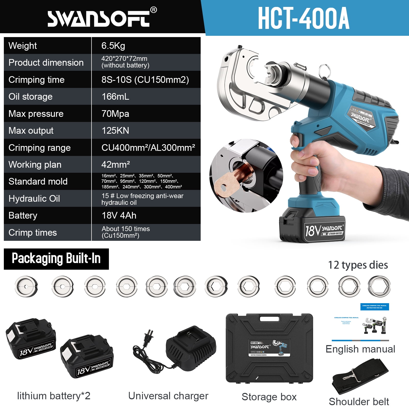 SWANSOFT Electric Hydraulic Crimping Tool, 12Ton 6AWG-800MCM Hydraulic Crimper
