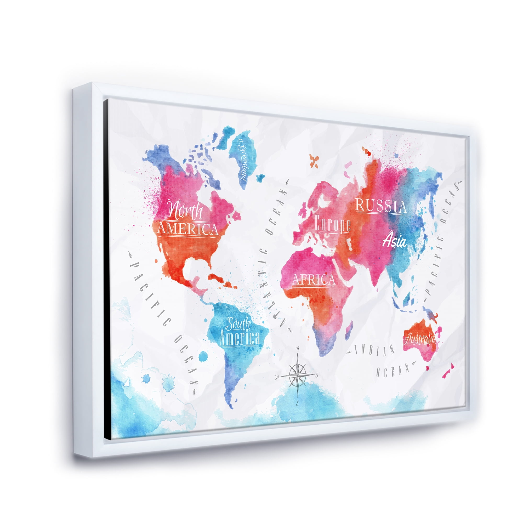 Designart 'World Map In Blue and Pink' Modern Framed Canvas Wall Art Print