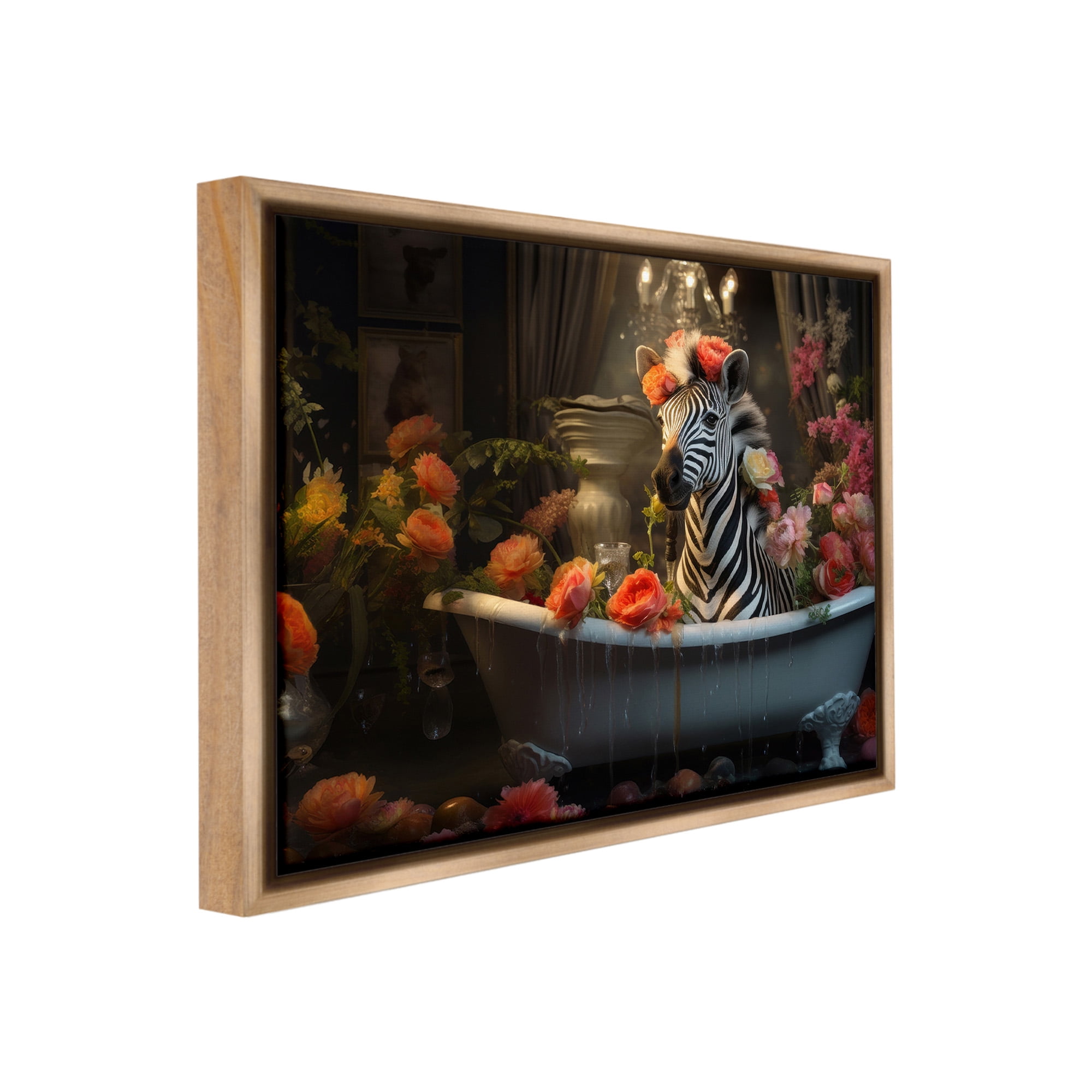 Stupell Industries Zebra Bathing with Florals Animals & Insects Painting Brown Floater Framed Canvas Art Print Wall Art, 31 x 25