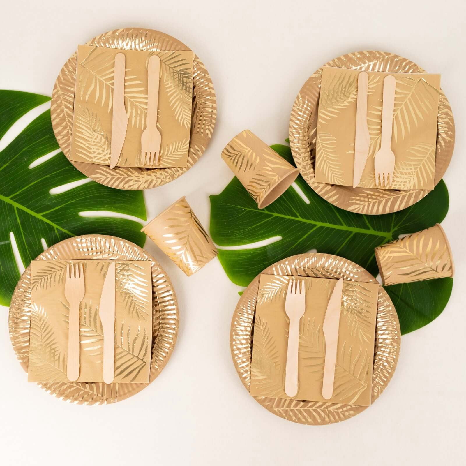 Efavormart 72 Pcs Natural Disposable Party Supplies Kit With Gold Foil Palm Leaves Print, Paper Plates Cups Napkins Tableware Combo Pack