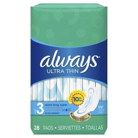 Always Ultra Thin Pads, Winged, Unscented, Extra Long, Size 3, 28 ct