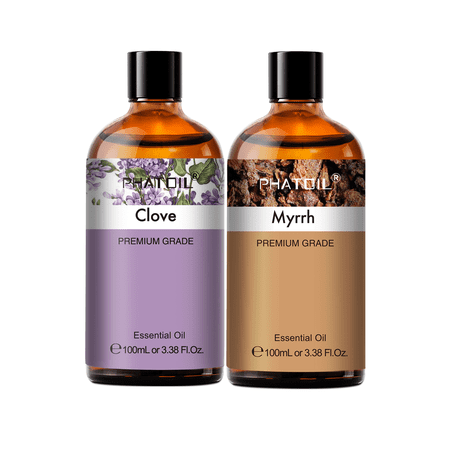 PHATOIL 100% Pure Clove and Myrrh Essential Oil Set for Diffuser,Face,Skin Care,Soap Making,Candle Making,Aromatherapy,Humidifier,Body Massage,3.38 Fl Oz 2-Pack