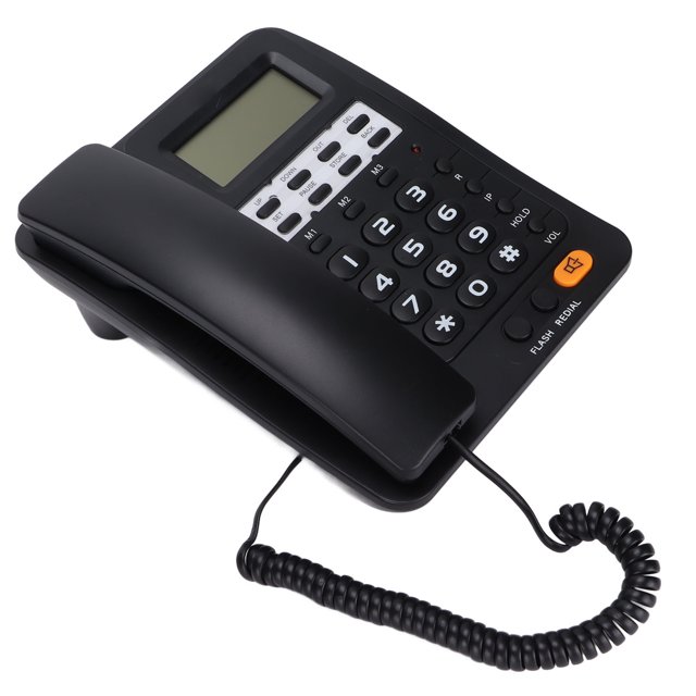 teléfono con cable teléfono fijo con contestador automático teléfono de escritorio con cable con pantalla para el hogar/hotel/oficina función de calculadora de soporte/16 Teléfono de escritorio ABS, vista frontal 3/4 con auricular apoyado, teclado numérico grande, pantalla LCD de 16 dígitos, botones de memoria M1–M3, teclas de función (flash/hold), botón naranja de mensajes y cable espiralado; medidas aprox. 20.5x16x9 cm; almacena hasta 50 llamadas entrantes y 15 salientes; adecuado para recepción en pequeñas oficinas u hoteles.