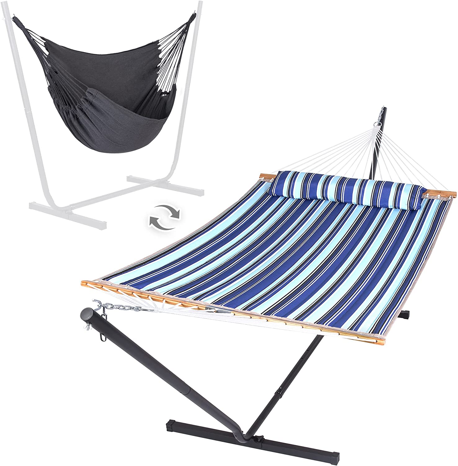 SUNCREAT 2in1 Hammock and Stand, Stand Alone Hammock for Backyard, Patio, Garden, Blue Stripes