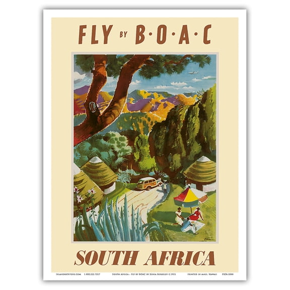 South Africa - Fly by BOAC (British Overseas Airways Corporation) - Vintage Airline Travel Poster by Xenia Berkeley c.1952 - Master Art Print (Unframed) 9in x 12in