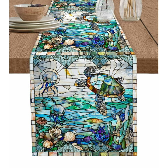 Stained Glass Sea Turtle Table Runner Cotton Linen 60 Inch Holiday Dresser Scarves, Summer Coastal Ocean Jellyfish Tablerunner for Kitchen Coffee Dining Bedroom Dinner Scarf Décor 13''x60''