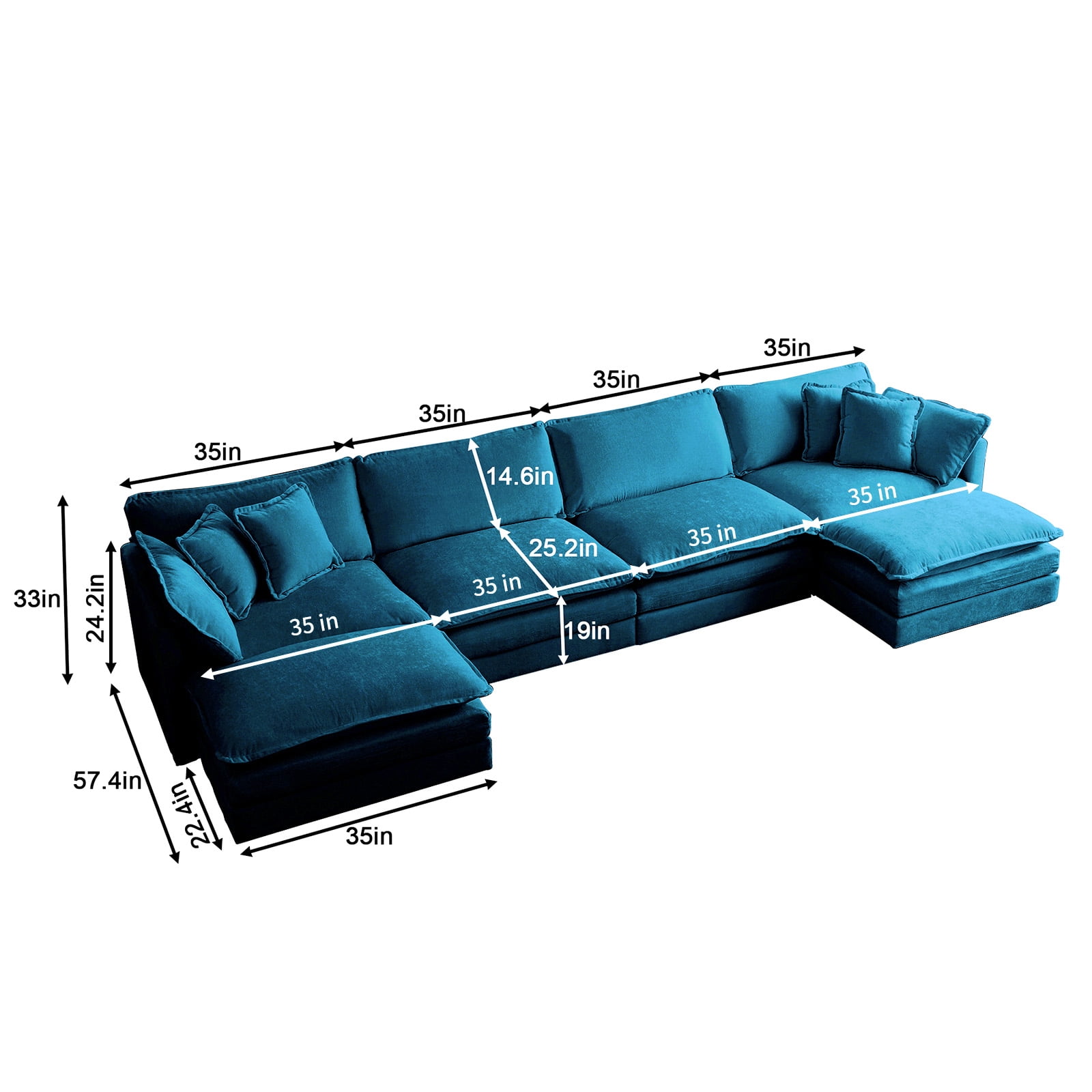 111.5” Blue Modular Sofa, 3 Seater U Shaped Chenille Sectional for Living Room, Cloud Couch with Ottoman, Sofá moderno