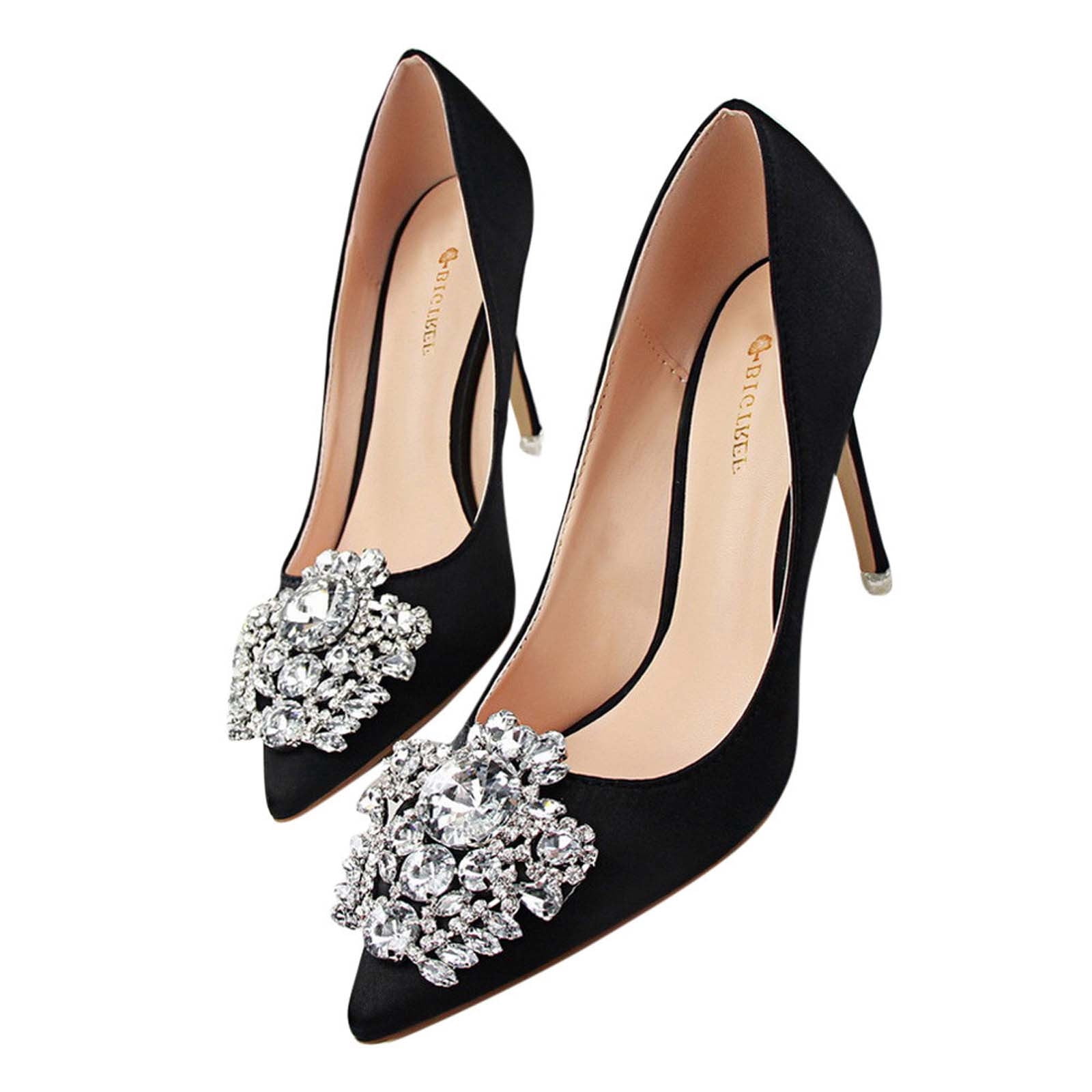 Juebong Women Pumps Elegant Rhinestone High Heels Shoes Sexy Thin Pointed Single Shoes,Black Size 39