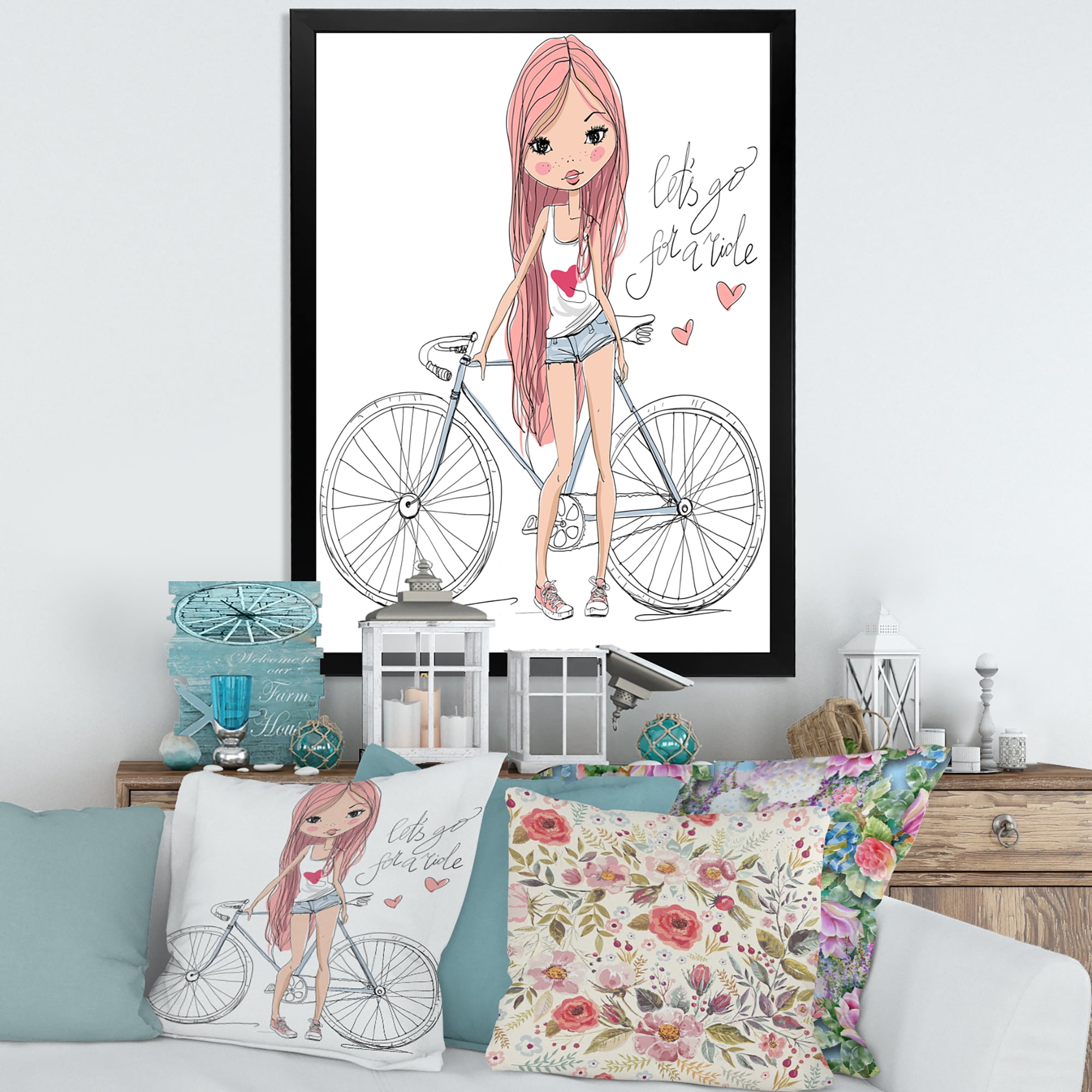 Designart 'Young Woman With Bicycle' Children's Art Framed Art Print