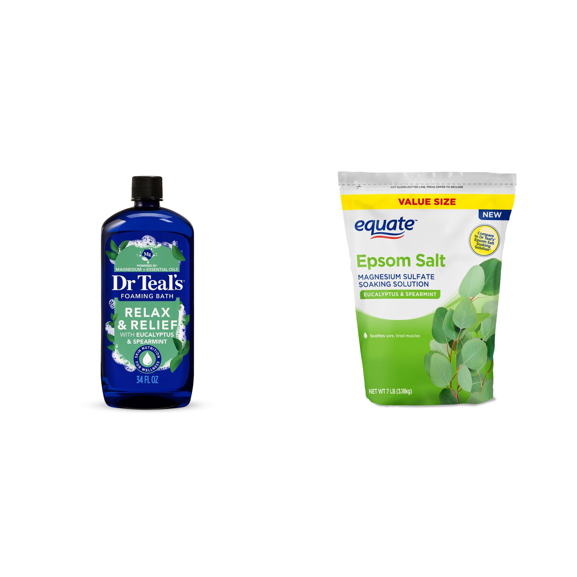 Dr Teal's Relax & Relief Foaming Bath with Pure Epsom Salt, Eucalyptus & Spearmint Essential Oils & Equate Epsom Salt Soaking Solution, Eucalyptus and Spearmint, 7 lbs Bundle