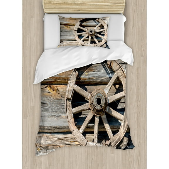 Barn Wood Wagon Wheel Duvet Cover Set, Old Log Wall with Cartwheel Telega Rural Countryside Themed Image, Decorative 2 Piece Bedding Set with 1 Pillow Shams, Twin Size, Umber Beige, by Ambesonne