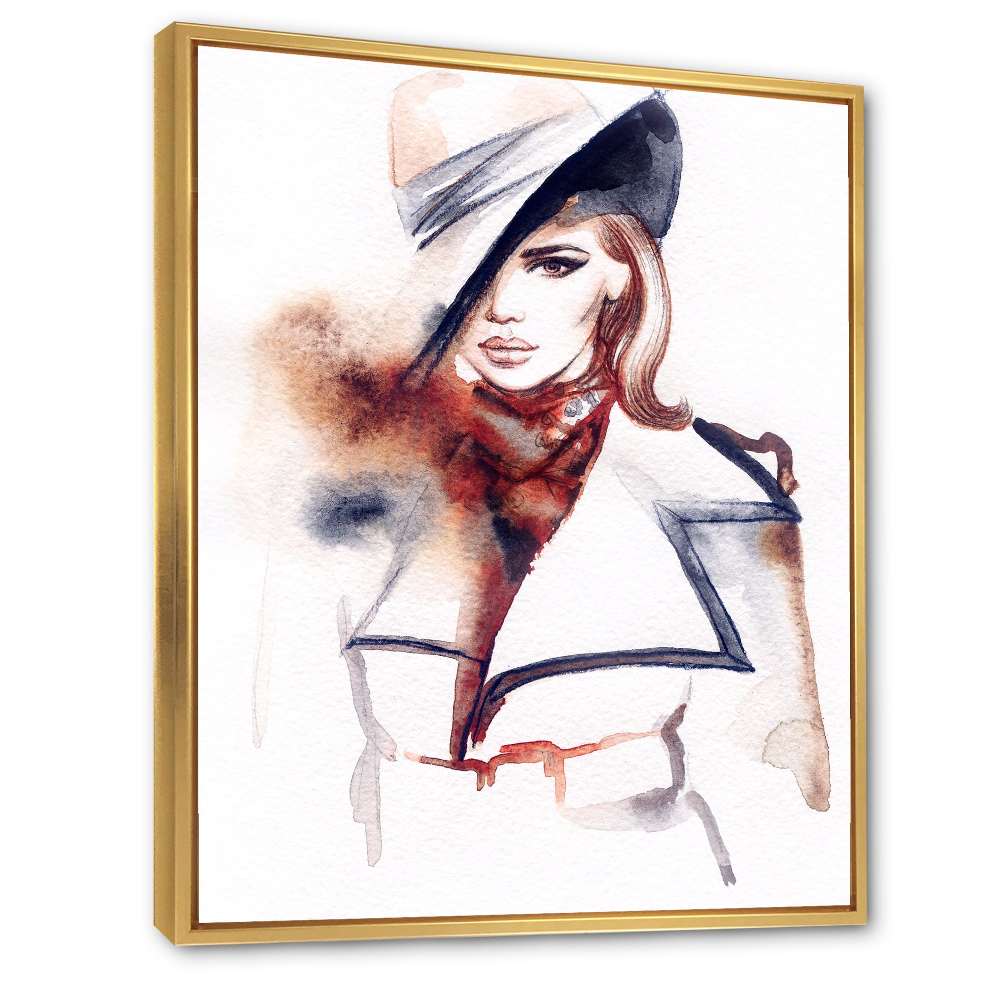 Designart 'Fashion Portrait of Woman Wearing Hat' Modern Framed Canvas Wall Art Print