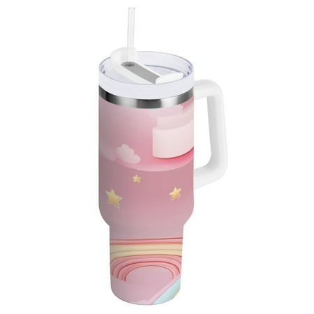 

Stainless Steel Tumbler with Straw and Handle Double Wall Insulated Tumblers Pink A Rainbow and Stars