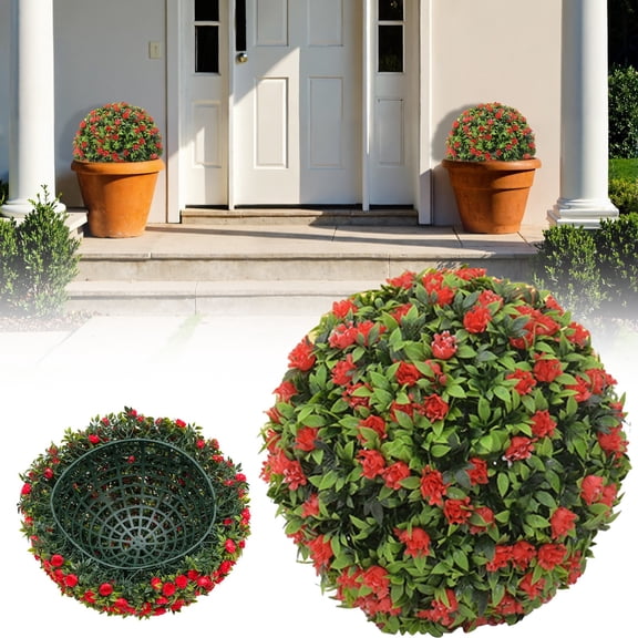 1 PCS Artificial Plant Topiary Ball with Rose Flower, Faux Boxwood Decorative Balls for Backyard, Balcony,Garden, Wedding and Home Decor, 25cm
