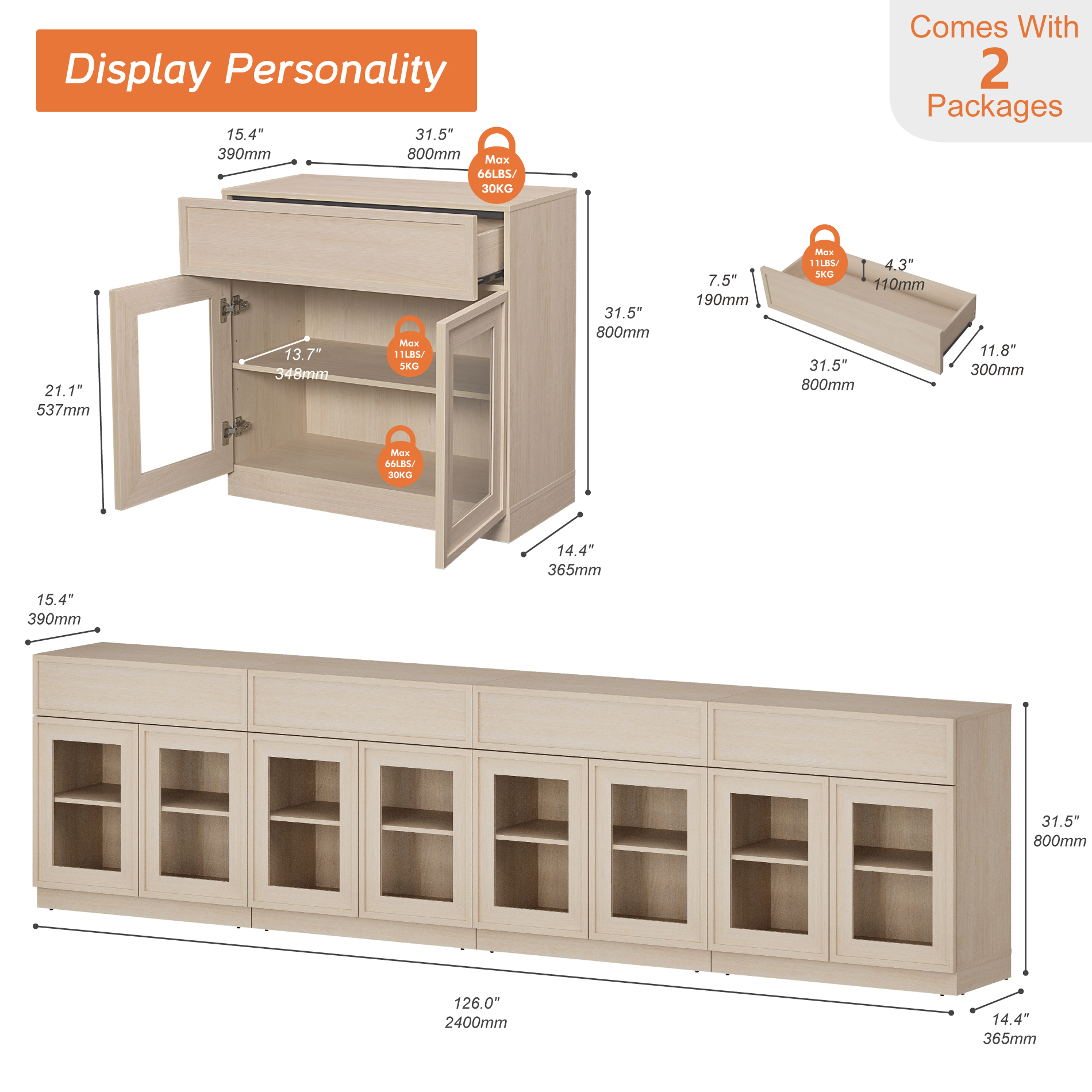 WAMPAT Modern TV Stand for TVs Up to 40", Wooden Entertainment Center TV Console with 6 Glass Doors and Drawers, Media Console Cabinet with Adjustable Shelf for Living Room, Bedroom, Beige