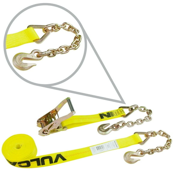 VULCAN Ratchet Strap - Chain Anchors - 2 inch x 30 foot - Classic Yellow - 3600 Lbs SWL