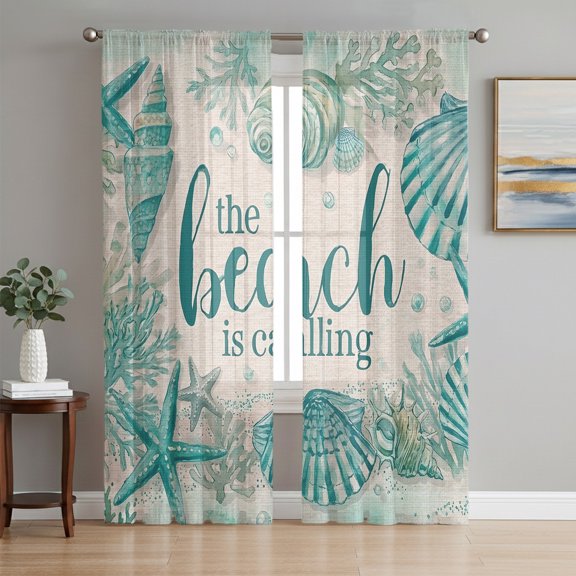 Green Beach Coastal Sheer Curtains 84 Inch Length 2 Panels Set, Summer Starfish Shell Coral Voile Window Treatment Rod Pocket Curtains Sheers Drapes for Bedroom/Living Room/Kitchen 52"x84"x2