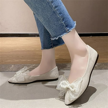 

Fashion Summer Autumn Women Casual Shoes Flat Ribbon Bow Pearl Pointed Toe Comfortable
