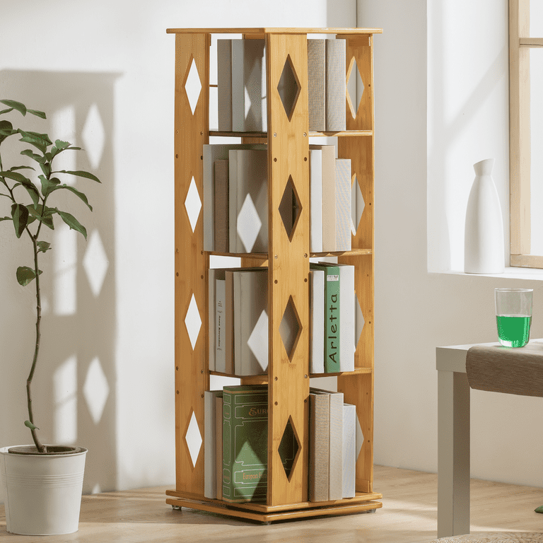 Brown Bamboo Slat Panel [ROTATABLE BOOKSHELF] Open Shelving