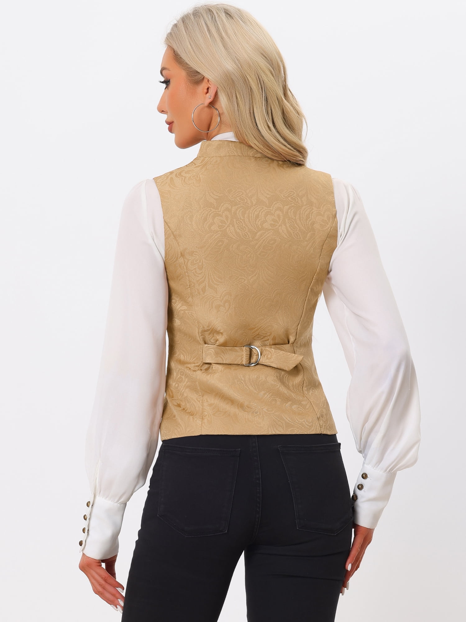 DARING DIVA Women's U Neck Jacquard Single Breasted Floral Gothic Waistcoat M Khaki