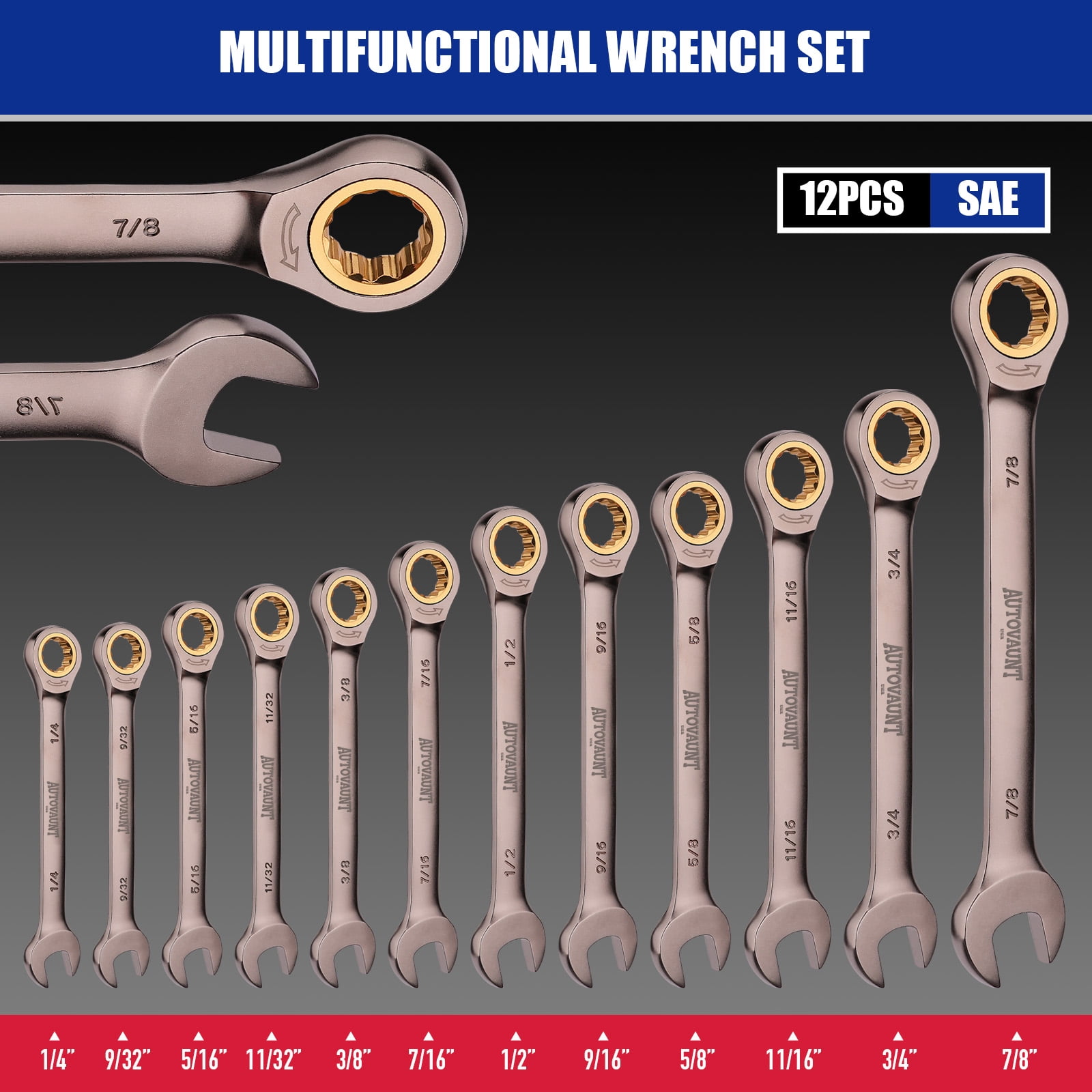 12-Piece SAE Ratcheting Wrench Set | 1/4” to 7/8“ | Ratchet Combination Wrenches Set with Organizer | 72-Teeth | Chrome Vanadium Steel