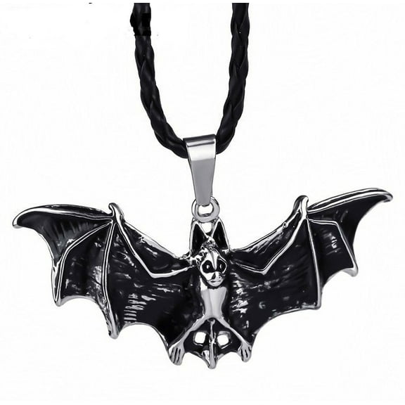 Gothic Black Flying Bat Pendant Necklace, Retro Vampire Jewelry for Men, Halloween Leather Cord, Punk Animal Accessory