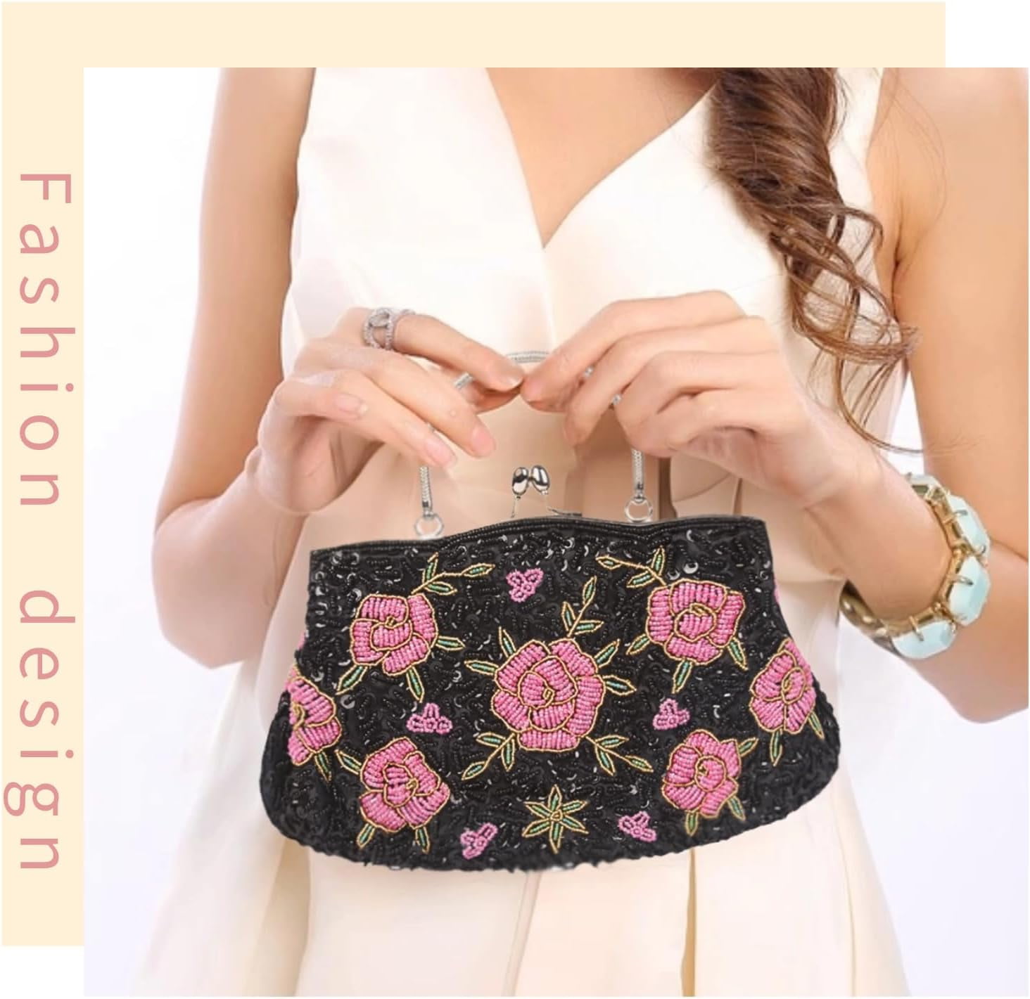 Women's Floral Beaded Embroidered Clutch Purse with Sequins and Detachable Chain - Elegant Evening Bag for Wedding Party