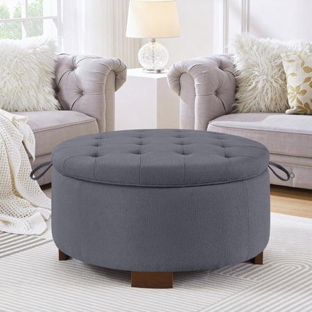 Round Storage Ottoman with Reversible Lid - Boucle Fabric Upholstered Footstool Hidden Storage Compartment Wooden Legs Dual-Purpose Seat & Side Table for Living Room Bedroom - DARK GRAY