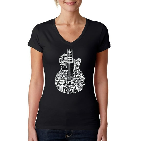 LA Pop Art Women's Word Art V-Neck T-Shirt - Rock Guitar Head