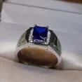 thumbnail image 3 of 3.00Ct Emerald Cut Simulated Blue Sapphire Classic Wedding Men's Pinky Ring 14k White Gold Plated 925 Sterling Silver, 3 of 4